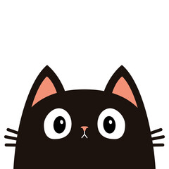 Cute cat face silhouette. Big eyes, pink nose, ears. Cartoon baby pet character. Black peeking kitten head. Kawaii funny animal. Greeting card. Sticker print. Flat design. White background. Vector