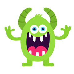 Fototapeta premium Spooky monster. Happy Halloween. Cute green monsters silhouette icon. Eyes, horns, screaming face, hands up. Cartoon kawaii funny baby character. Childish style. Flat design. White background. Vector