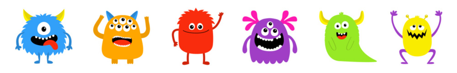 Happy Halloween. Colorful monster icon set line. Cute cartoon kawaii funny baby character. Eyes, horns, fang teeth, hands, tongue. Childish style. Sticker print. Flat design. White background. Vector