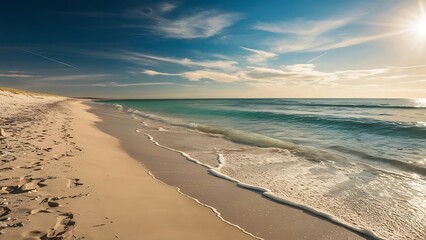 Serene Beach Background with Gentle Waves, Seashells, and Clear Sky