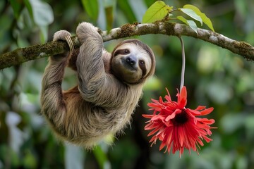 Obraz premium Two-toed sloth hanging on a branch with red flower.