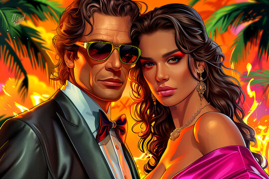 A man and a woman are standing in front of a palm tree. The man is wearing a suit and sunglasses, while the woman is wearing a pink dress. The image has a tropical vibe