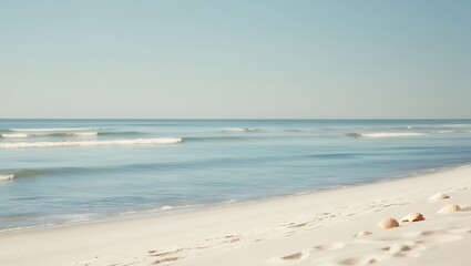 Serene Beach Background with Gentle Waves, Seashells, and Clear Sky