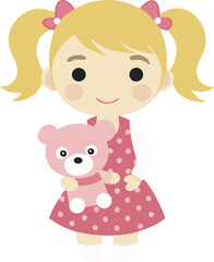Fototapeta premium Cute cartoon girl with pigtails holding a stuffed animal in her hands