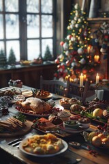 Naklejka premium Thanksgiving Food and Dessert for party invitation, Christmas party celebration with dinner meal on table, Happy new year and Xmas scene, wooden table full of food and treats