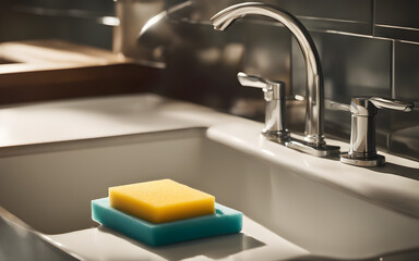 Clean and modern kitchen sink with dish soap and sponge, morning light streaming