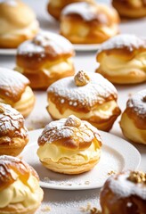 delicate cream filled elegant dessert pastry white plate, profiterole, sweet, choux, confection, fancy, treat, tasty, appetizing, exquisite, french, bakery, whipped,