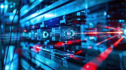 Obraz premium Red Laser Beams Emitting From Industrial Machinery