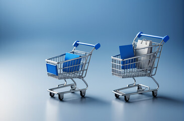 Shopping carts on blue isolated background