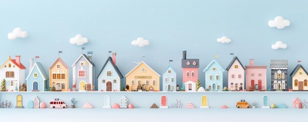 Colorful cityscape with whimsical buildings, cartoon background, urban fantasy