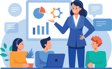 Business meeting with a presentation on charts and graphs, team discussion