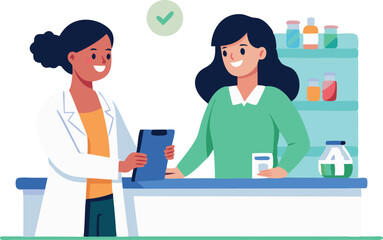 Fototapeta premium Pharmacist assisting a customer at the pharmacy counter with a prescription