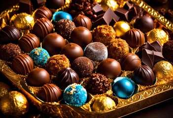 elegant assortment luxurious chocolate truffles indulgent treats, gift, confectionery, dessert, flavors, cocoa, dark, milk, white, round, smooth, velvety