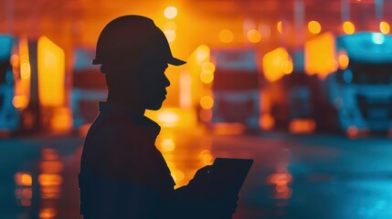 Silhouette of a worker with a tablet in a brightly lit industrial warehouse during the night, surrounded by trucks.