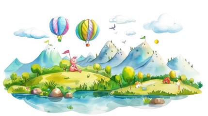 Naklejka premium Whimsical Landscape with Hot Air Balloons and a Cute Teddy Bear