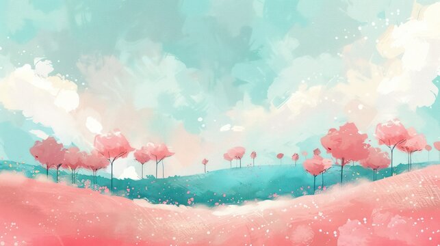A serene abstract landscape with pink trees and pastel sky hues