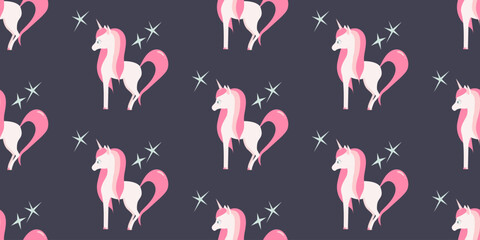 Vector seamless pattern with unicorns and stars on a dark blue background. Great for children's prints, wallpapers and textiles.