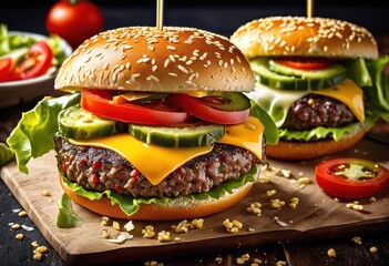 delicious juicy burger cheese pickles sesame seed bun, toppings, lettuce, tomato, beef, grilled, appetizing, savory, gourmet, succulent, mouthwatering