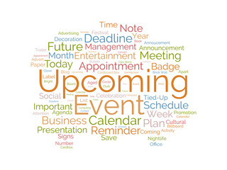 Upcoming Event wordcloud template. Business concept vector background.