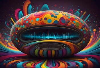 Colorful abstract digital artwork featuring swirling patterns and vibrant multicolored textures resembling sound waves, creating a dynamic and energetic visual, Generative AI.