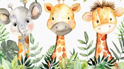 Obraz premium Cute watercolor animals: elephant, giraffe, and zebra in jungle.