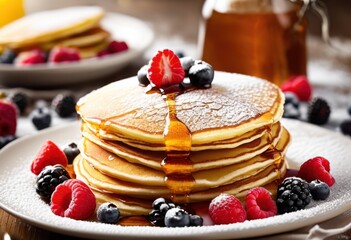 delicious fluffy pancakes stack covered sweet syrup, tasty, scrumptious, flavorful, tempting, irresistible, delectable, appetizing, flapjacks, honeyed, maple, sugar,