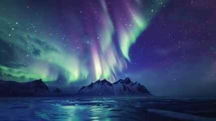 Naklejka premium Northern Lights Dance Over Mountainous Landscape