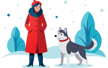 Naklejka premium Woman in red coat walking with husky dog in snowy winter landscape