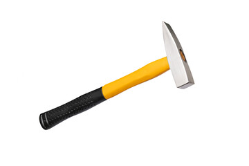  hammer with fiberglass handle isolated on white background , hammer is a hand tool to hit nails into a piece of wood or a wall .