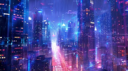 Fototapeta premium futuristic digital hologram background that simulates a cityscape at dusk