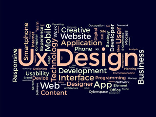 Ux Design wordcloud template. Web Business concept vector background.