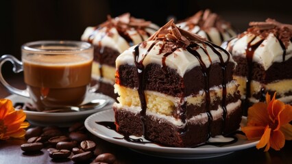 A close up of a plate with three pieces of cake and coffee, AI