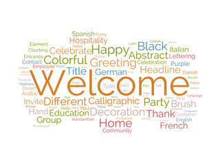Welcome wordcloud template. Greeting concept vector background.