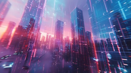 Fototapeta premium futuristic digital hologram background that simulates a cityscape at dusk