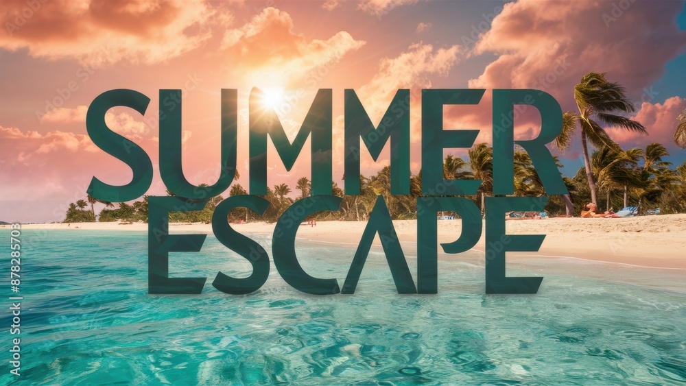 Poster A picture of a beach with the words summer escape written on it, AI