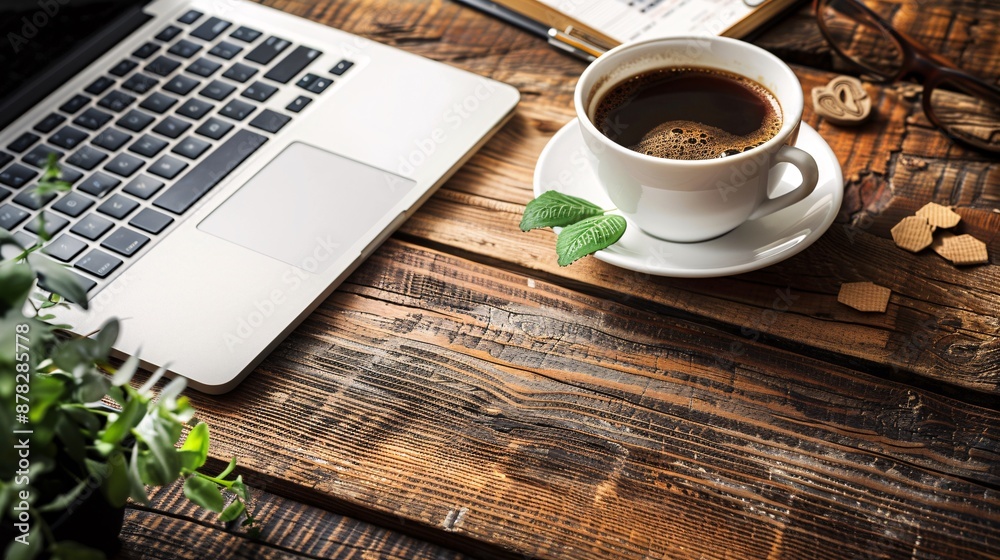 Poster 2d flat lay of a desk with a paper laptop coffee cup sticky notes and financial graphs stock photo w