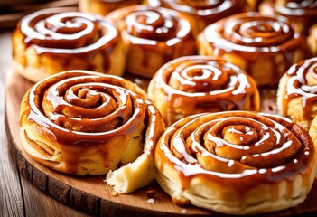 Fototapeta premium deliciously fresh baked cinnamon rolls sweet glaze top, pastry, dessert, tasty, homemade, icing, swirls, oven, golden, caramelized, fragrant, confection