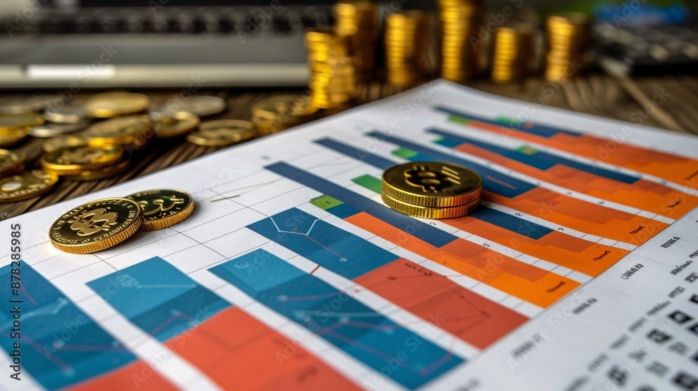 Poster flat lay of an investment portfolio with paper crafted assets and charts stock photo with copy space