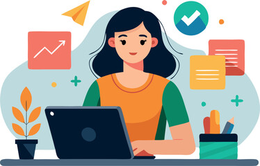 Young woman working on a laptop with icons representing productivity and growth