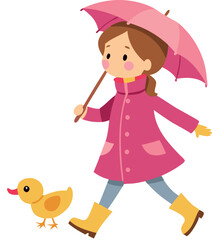 Illustration of a girl walking with an umbrella and a duck on a rainy day