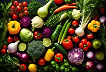 vibrant array fresh vegetables herbs, colorful, organic, produce, garden, ingredients, leafy, greens, red, yellow, purple, plants, aromatic, culinary