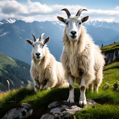 Fototapeta premium Mountain goats, known for their incredible agility and sure-footedness, effortlessly navigate the steep, rocky terrain of their high-altitude homes.