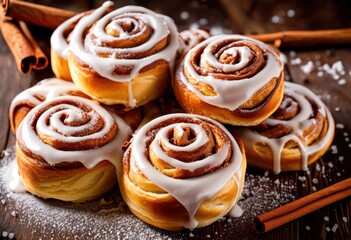 Fototapeta premium delicious cinnamon rolls freshly baked sweet icing, pastry, dessert, treat, homemade, tasty, sugary, bakery, warm, aromatic, golden, swirls, glaze, confection,
