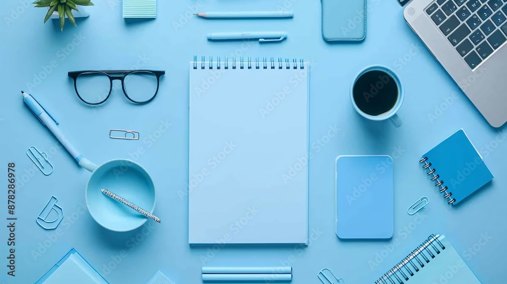 Poster 2d flat lay paper crafted desk setup with a coffee cup laptop notebook and financial items stock pho