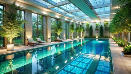 Serenely illuminated indoor swimming pool with turquoise waters, submerged benches, and lush greenery surrounding the tranquil aquatic atmosphere.