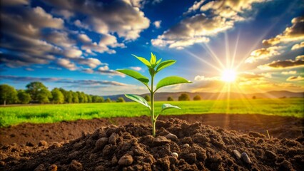 Serene landscape of a lush green field with a single seedling being planted in the fertile soil under sunny skies.