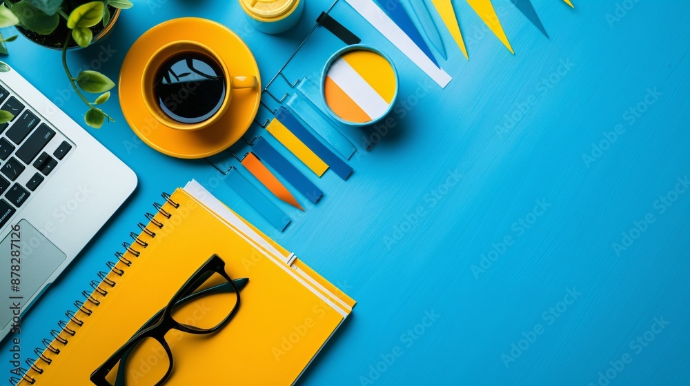 Poster 2d flat lay paper crafted desk setup with a coffee cup laptop notebook and financial items stock pho