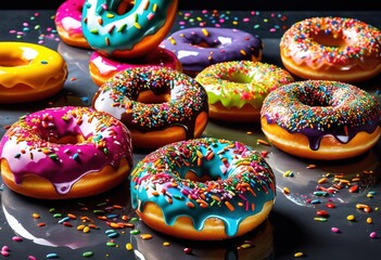 colorful glazed donuts adorned vibrant sprinkles, rainbow, lgbtq, lgbt, pride, love, equality, dessert, sweet, bakery, delicious, treat, confectionery, snack