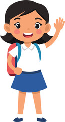 Illustration of happy schoolgirl waving with backpack and uniform