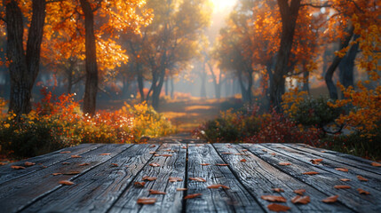 Empty wooden table with the autumn landscape, vibrant fall colors.
